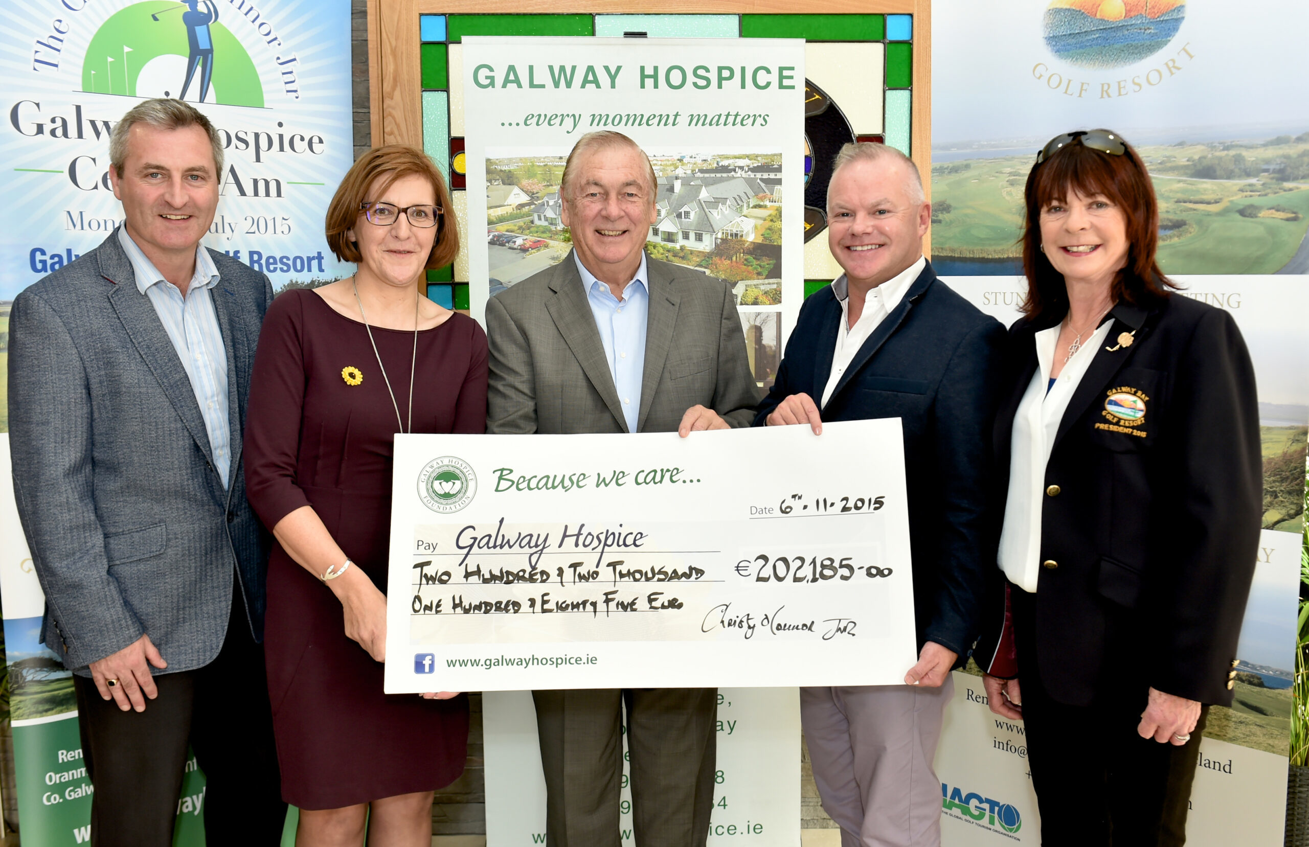 Ronan Killeen, Director Galway Bay Golf Resort, Mary Nash, CEO Galway Hospice, Christy O'Connor Jnr, Michael Craig, Galway Hospice & Bernie O'Grady, Galway Bay Golf Resort Lady Captain with a cheque from the proceeds of Christy O'Connor Jnr Galway Hospice Celeb Am-Am Golf tournament held at the Galway Bay Golf Resort recently. Photo: Joe Travers