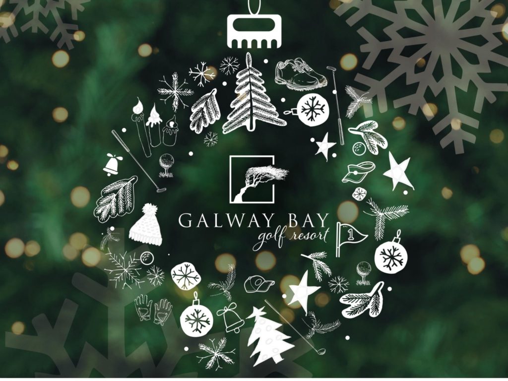 Galway Bay Golf Resort logo on a green background with snowflakes and white Christmas icons. Gift Voucher Promotion.